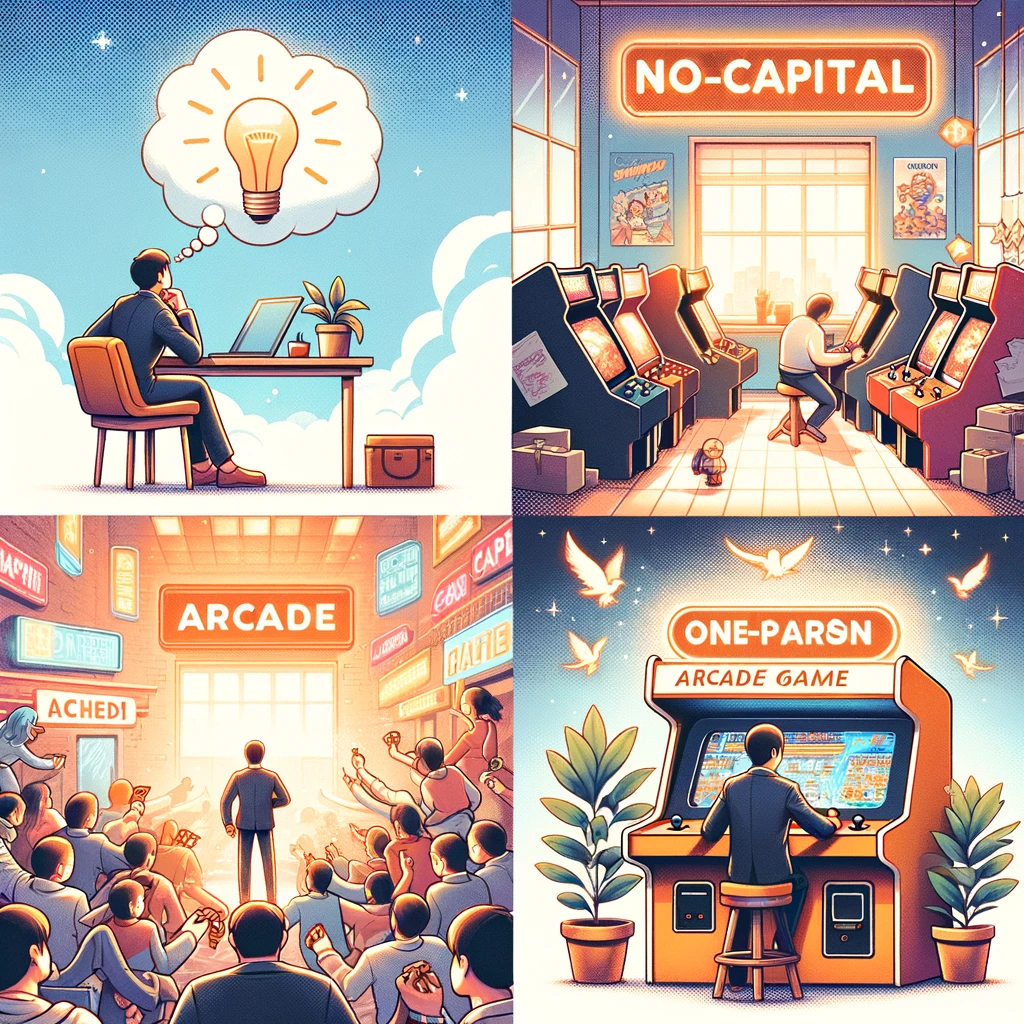 The four images have been created, each capturing a different phase of starting a no-capital, one-person arcade game business. From the initial dreaming and brainstorming, through the setup process with support, to the excitement of the grand opening, and finally, the success and joy of running the thriving arcade. Each image reflects a unique moment in the journey of turning the dream of an arcade game business into reality.